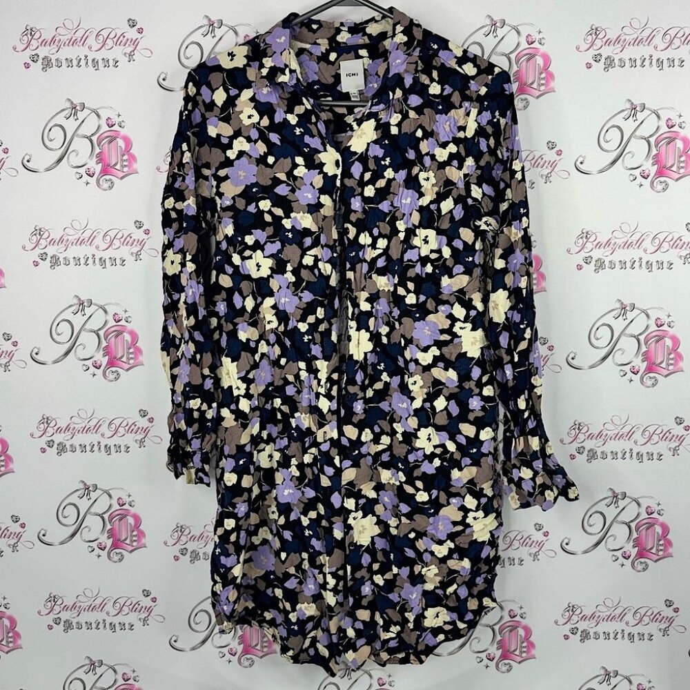 ICHI Floral Print long Blouse mini dress purple cream flowers button up